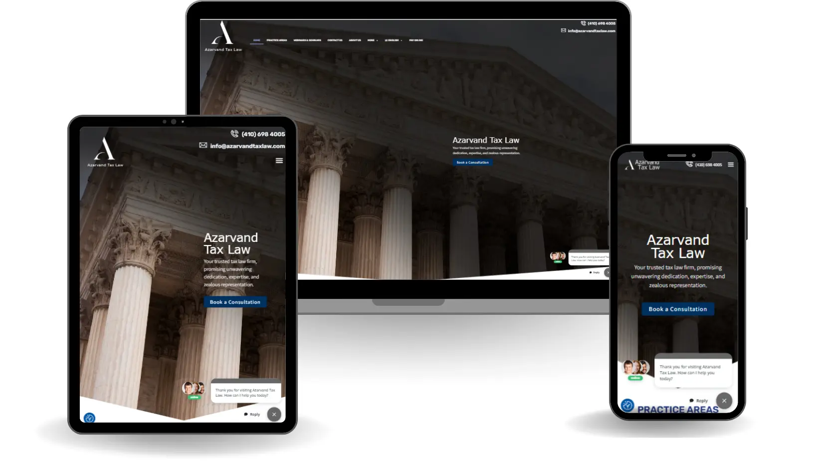 Responsive website mockup for Azarvand Tax Law on laptop, tablet, and phone