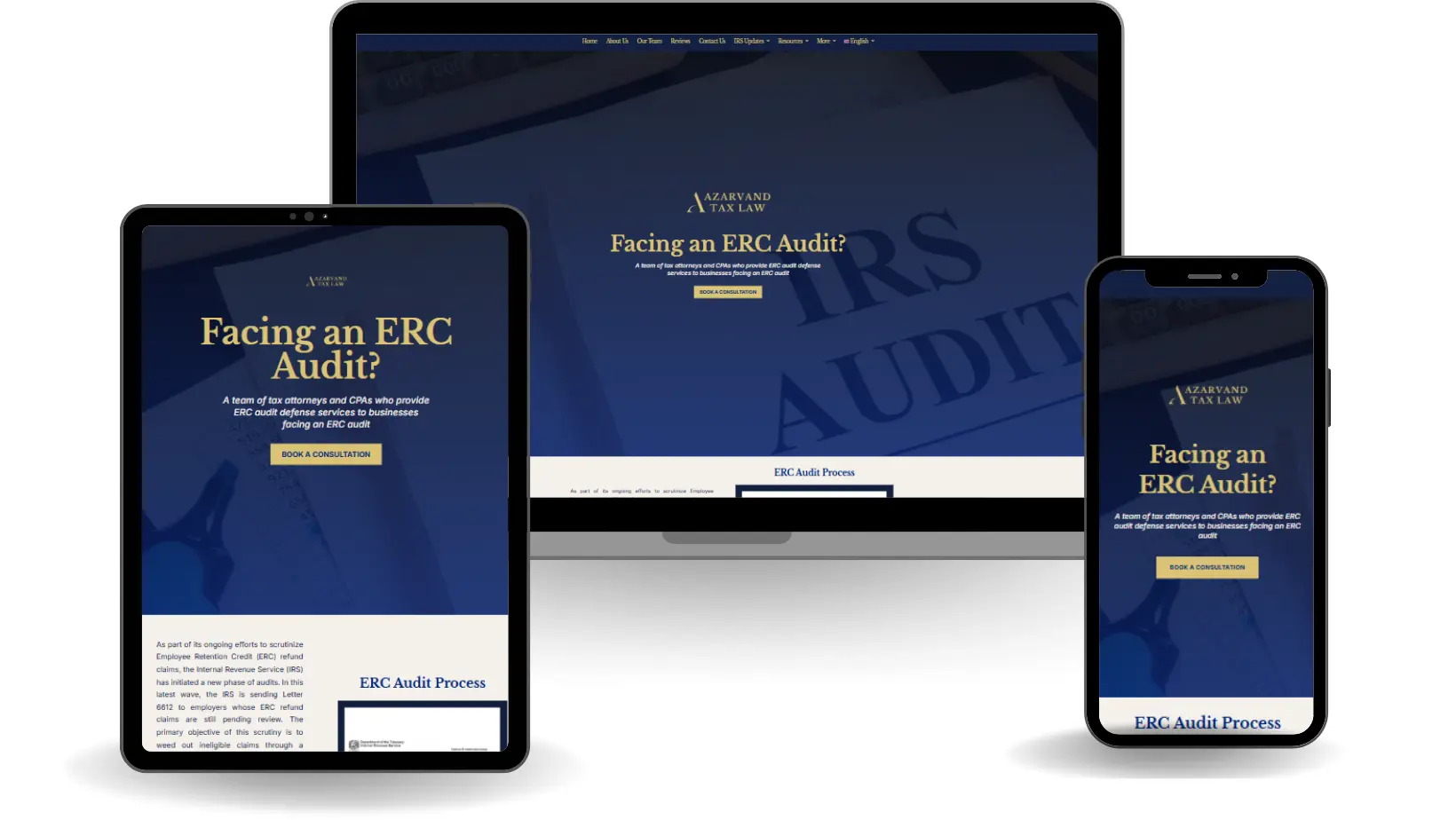 Responsive website mockup for ERC Audit Tax Attorneys on laptop, tablet, and phone
