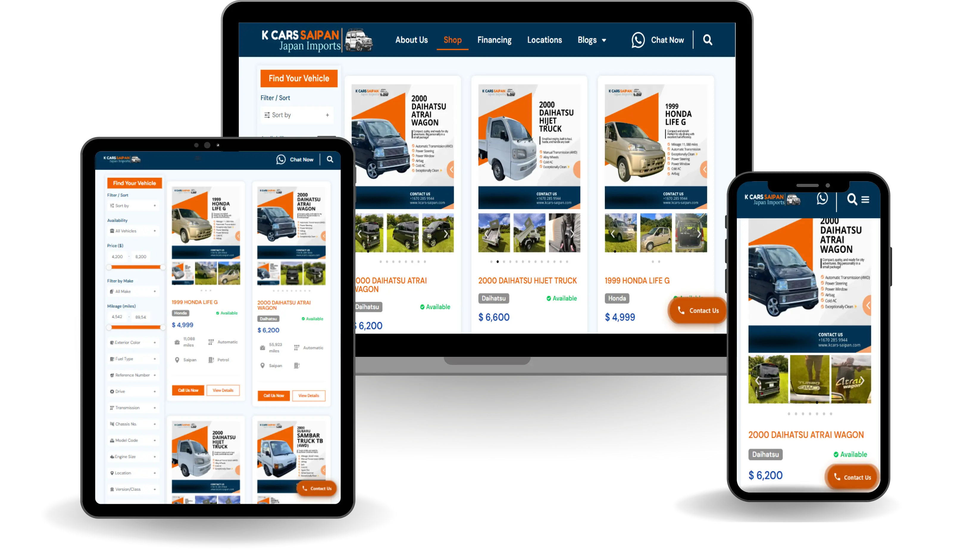 Responsive website mockup for K Cars Saipan on laptop, tablet, and phone